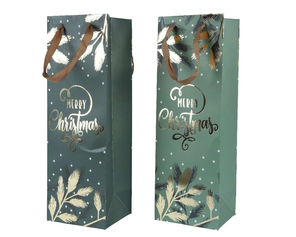 Karácsonyi italos ajándéktasak Merry Christmas (10x12x36 cm) 12 db/csomag 1 Karácsonyi italos ajándéktasak Merry Christmas Praktikus ajándéktasak az ünnepi alkalmakra. Kartonpapírból készült dekoratív ajádéktáska.