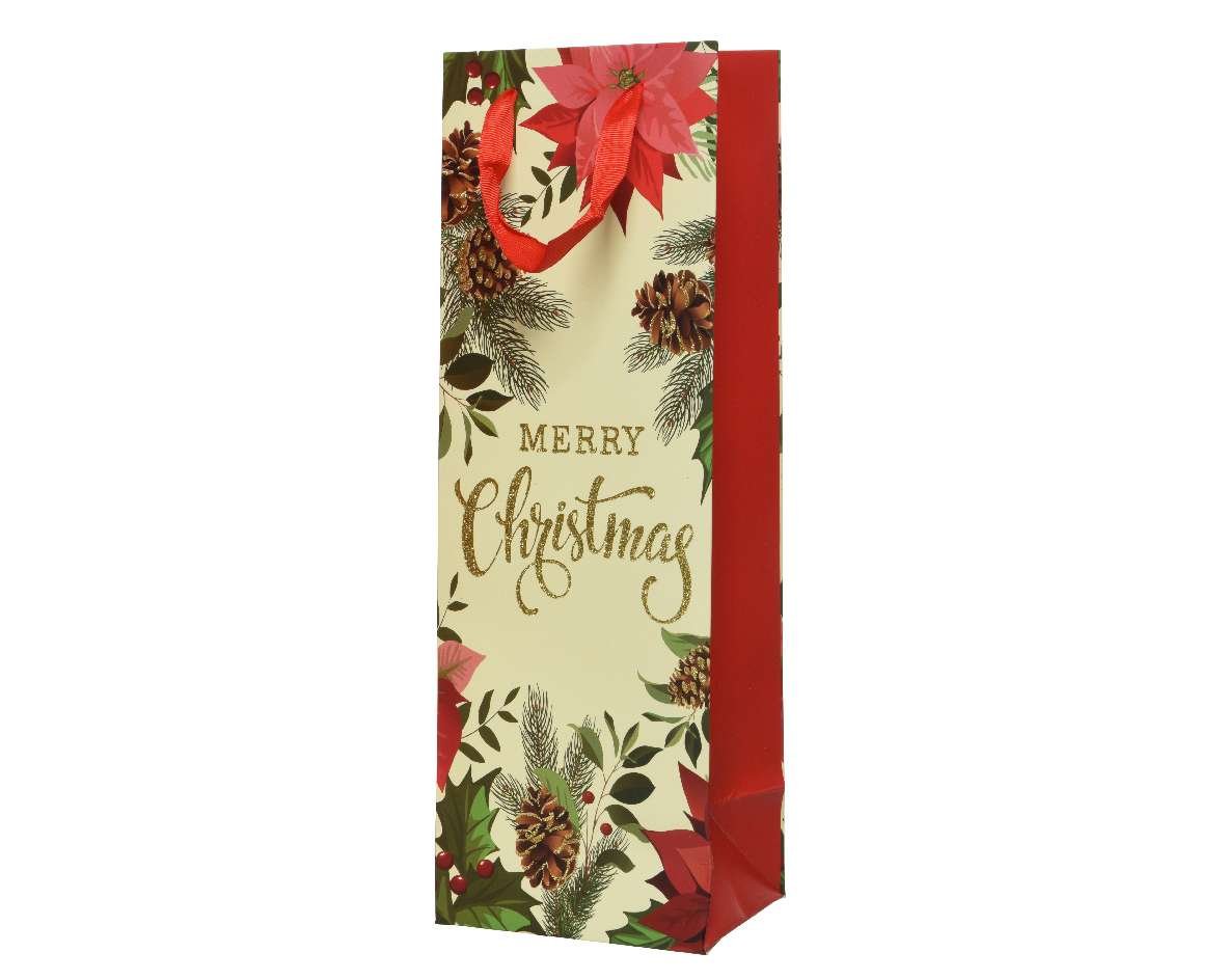 Karácsonyi italos ajándéktasak mikulásvirág (10x12x36 cm) 12 db/csomag 1 Karácsonyi italos ajándéktasak mikulásvirág Praktikus ajándéktasak az ünnepi alkalmakra. Kartonpapírból készült dekoratív ajádéktáska.