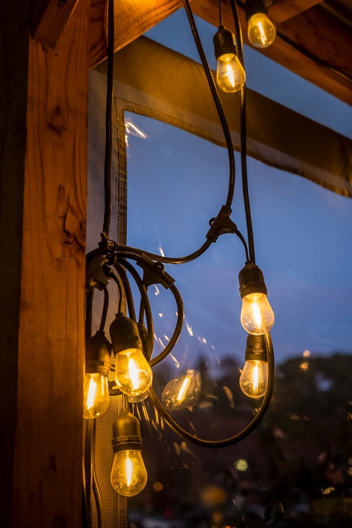 journey Warm patio string lights create a cozy ambiance at twilight.